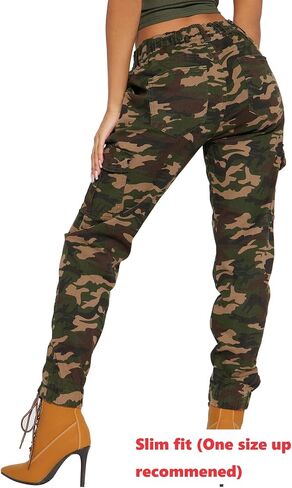 Women's Camo Cargo Jogger Pants – Slim Fit Army High Waisted Fatigue Elastic Waistband Tapered Camouflage Sweatpants in Saudi Arabia