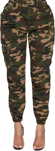 Women's Camo Cargo Jogger Pants – Slim Fit Army High Waisted Fatigue Elastic Waistband Tapered Camouflage Sweatpants in Saudi Arabia