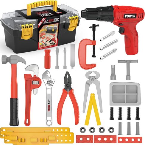 مجموعة أدوات الأطفال للأولاد، 35 قطعة مجموعة أدوات للأطفال الصغار مع مثقاب كهربائي، صندوق أدوات ألعاب وحزام أدوات، أدوات بناء التظاهر، هدايا لعبة للأولاد الصغار الذين تتراوح أعمارهم بين 3 4 5 6 7 in Kuwait