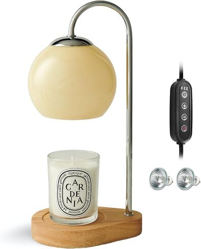 Modern Candle Warmer Lamp with Timer and Dimmer, Dimmable Electric Candle Lamp Warmer, Wax Melt Warmer, Glass with Wood Base, Home Decor Gifts 2 Bulbs Included (Beige and Natural Wood Base) in Saudi Arabia