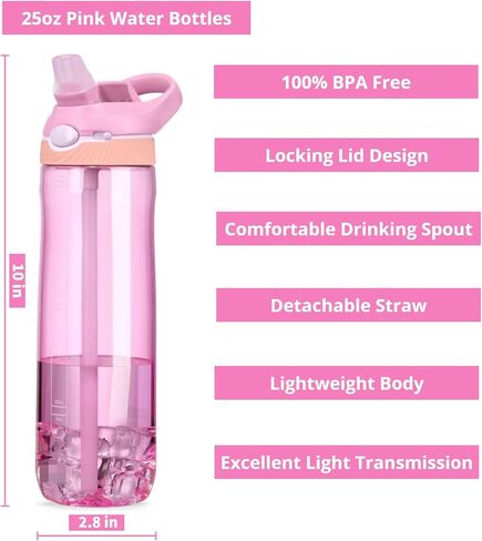 25oz Water Bottle with Clip Handle, Water Bottles with Locking Lid, Travel Plastic Water Bottle,Water Bottle with Straw, and Sports Tritan water bottle - Black in Saudi Arabia