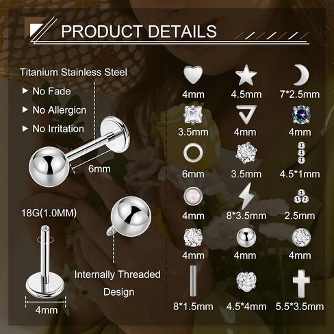 18Pairs 18G Titanium Stainless Steel Internal Thread Stud Earrings Set for Women Men Hypoallergenic Flat Back Cartilage Stud Earrings CZ Moon Star Heart Ball Helix Tragus Lobe Stud Earrings 6MM 8MM in Saudi Arabia