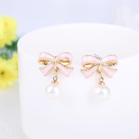 Gold Bow Earrings for Women Pearl Bow Dangle Earrings Silver Bow Stud Earrings Ribbon Earrings Gold Silver Bow Jewelry Earrings Bow Earring Studs in Saudi Arabia