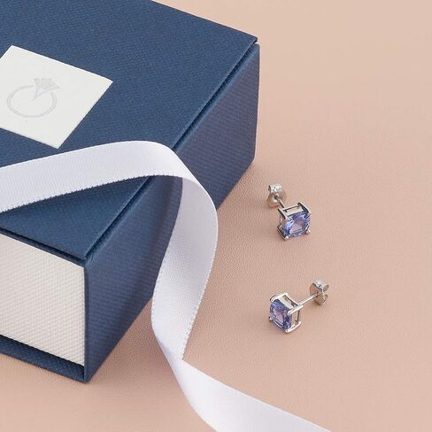 Peora 14K White Gold Tanzanite Stud Earrings for Women, Genuine Gemstone, Hypoallergenic, AAA Grade, Cushion Cut 6mm, 2 Carats total, Friction Back in Saudi Arabia