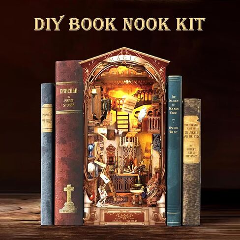 مجموعة زوايا الكتب من Sutinban DIY، ديكور رف كتب لبيت الدمى DIY، مجموعة ألغاز خشبية ثلاثية الأبعاد لبيت الدمى ديكور رف الكتب مع ضوء LED (قلعة الشفق) in Kuwait