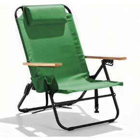 Premium Portable Camping Chair 5-Position Recliner Beach Folding Lightweight Outdoor Chair with Wooden Armrests, Headrest, Multi-Pockets Heavy Duty 350lbs, for Patio, Backyard, Black in Saudi Arabia