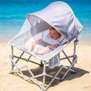 Foldable Baby Beach Chair with Canopy and Mosquito Net for Outdoor | Portable Baby Travel Seat with Removable Shade, Safety Lock, Breathable Mesh, Camping Chair Side Pocket, Ages 1-6 Months in Saudi Arabia