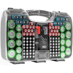 Battery Organizer Storage Case with Tester, Holds 180 Batteries, Clear Hinged Cover, Locking Lid - For AA, AAA, C, D and More, Red in Saudi Arabia
