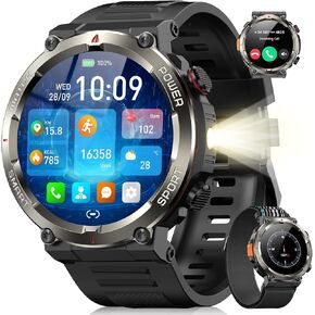 Military Smart Watch for Men(Answer/Make Calls),Outdoor Smartwatch with 100 Days Battery/Flashlight/Compass/Heart Rate/SpO2/Sleep Monitor/2 Straps, Rugged Fitness Watch for iPhone/Android Phones in Saudi Arabia