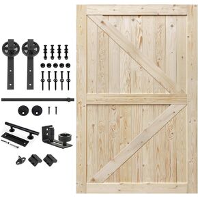 S&Z TOPHAND 54in x 80in Unfinished British Brace Knotty Barn Door with 10FT Sliding Door Hardware Kit/Solid Wood/Sliding Door/Double Surfaces/Simple Assembly is Required(54, Big Wheel Matte Black) in Kuwait