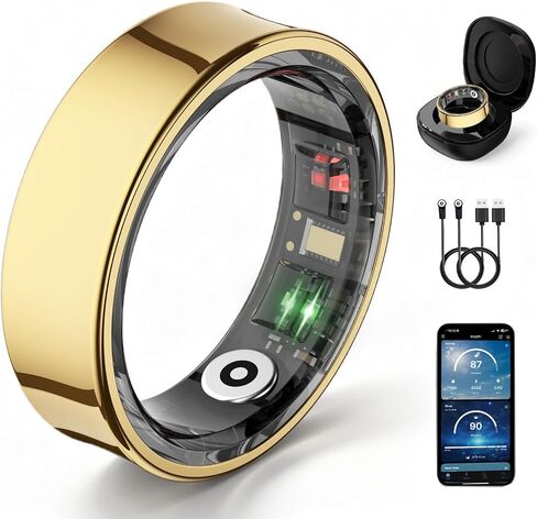 Smart Ring Men Women, Sleep Monitor&Skin Temperature(Gold, 9) | No Subscription Smart Ring with 5ATM Waterproof, Screen-Free Comfort, QRing App, Gesture Control, Cycle Tracking in Saudi Arabia