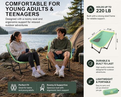 Portable Camping Chair for Young Adults and Teens, Holds 220 LB, Lightweight & Compact Foldable Camp Chair for Backpacking Travel, Outdoor Folding Chair for Beach, Sports, Fishing, Lawn & Concert in Saudi Arabia