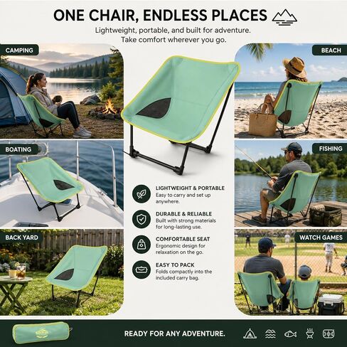 Portable Camping Chair for Young Adults and Teens, Holds 220 LB, Lightweight & Compact Foldable Camp Chair for Backpacking Travel, Outdoor Folding Chair for Beach, Sports, Fishing, Lawn & Concert in Saudi Arabia
