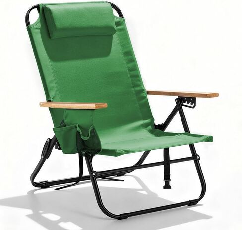 Premium Portable Camping Chair 5-Position Recliner Beach Folding Lightweight Outdoor Chair with Wooden Armrests, Headrest, Multi-Pockets Heavy Duty 350lbs, for Patio, Backyard, Black in Saudi Arabia