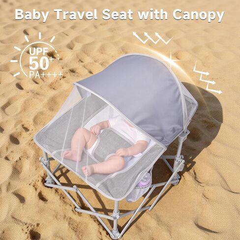 Foldable Baby Beach Chair with Canopy and Mosquito Net for Outdoor | Portable Baby Travel Seat with Removable Shade, Safety Lock, Breathable Mesh, Camping Chair Side Pocket, Ages 1-6 Months in Saudi Arabia
