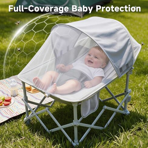 Foldable Baby Beach Chair with Canopy and Mosquito Net for Outdoor | Portable Baby Travel Seat with Removable Shade, Safety Lock, Breathable Mesh, Camping Chair Side Pocket, Ages 1-6 Months in Saudi Arabia