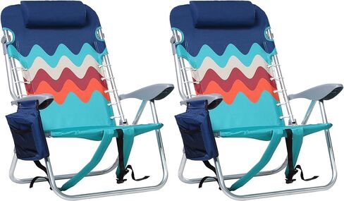 Backpack Beach Chairs 2 Pack Aluminum Lightweight Folding Reclining Chairs | Classic Lay Flat, 4 Positions, Cooler Bag, Towel Bar, Armrest, Pillow, Padded Shoulder Straps, Storage Pouch, Support 350LBS in Saudi Arabia