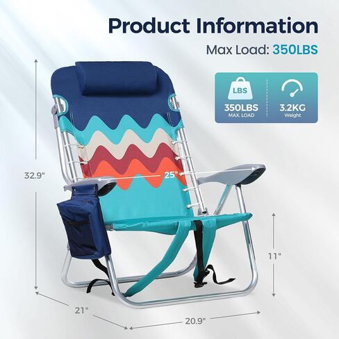 Backpack Beach Chairs 2 Pack Aluminum Lightweight Folding Reclining Chairs | Classic Lay Flat, 4 Positions, Cooler Bag, Towel Bar, Armrest, Pillow, Padded Shoulder Straps, Storage Pouch, Support 350LBS in Saudi Arabia