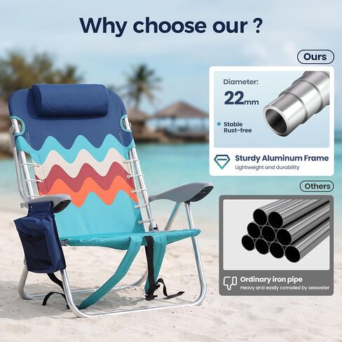 Backpack Beach Chairs 2 Pack Aluminum Lightweight Folding Reclining Chairs | Classic Lay Flat, 4 Positions, Cooler Bag, Towel Bar, Armrest, Pillow, Padded Shoulder Straps, Storage Pouch, Support 350LBS in Saudi Arabia