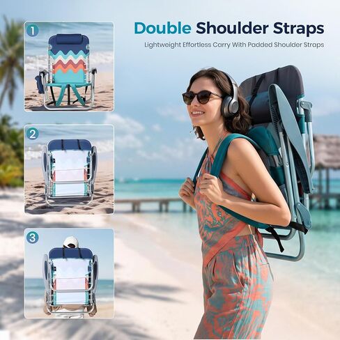 Backpack Beach Chairs 2 Pack Aluminum Lightweight Folding Reclining Chairs | Classic Lay Flat, 4 Positions, Cooler Bag, Towel Bar, Armrest, Pillow, Padded Shoulder Straps, Storage Pouch, Support 350LBS in Saudi Arabia
