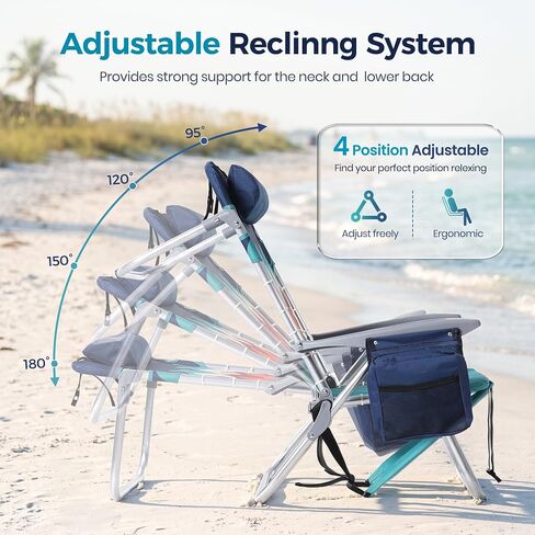 Backpack Beach Chairs 2 Pack Aluminum Lightweight Folding Reclining Chairs | Classic Lay Flat, 4 Positions, Cooler Bag, Towel Bar, Armrest, Pillow, Padded Shoulder Straps, Storage Pouch, Support 350LBS in Saudi Arabia