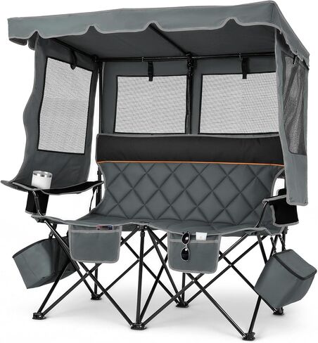Suteck Double Camping Chair with Canopy, 660lbs Folding Loveseat with Shade | Oversized Double Beach Chair with Umbrella with 2 Cooler Bags, Side Pockets and Cup Holders for Camping Beach Fishing in Saudi Arabia