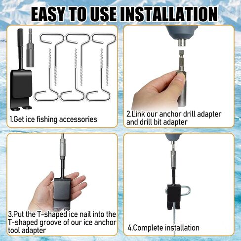 Heavy Duty Ice Anchor Tool Kit, Universal Ice Fishing Anchor Tool with Ice Anchor Drill Adapter, Heavy Duty Tent Stakes & Rope Hanger & 1/4" Adapter Head for Setting Up Ice Fishing Shelter Tent in Kuwait