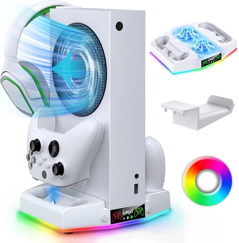 Upgraded Cooling Fan Stand for Xbox Series S with Charger Station | MENEEA Controller Charging Dock & Console Cooler System with 15 Colorful RGB Light & Headset Hook, Accessories for XSS in Saudi Arabia
