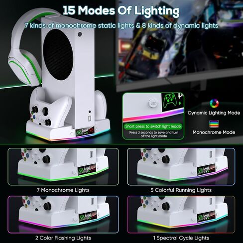 Upgraded Cooling Fan Stand for Xbox Series S with Charger Station | MENEEA Controller Charging Dock & Console Cooler System with 15 Colorful RGB Light & Headset Hook, Accessories for XSS in Saudi Arabia