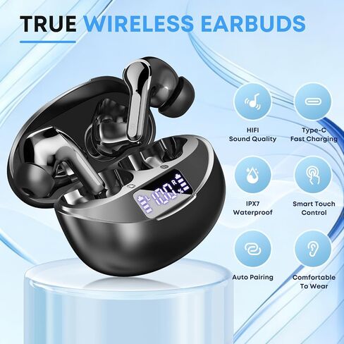 Wireless Earbuds Bluetooth 5.4 Headphones, Noise Cancelling Mic Ear Buds with 50H Playback, LED Digital Display, IPX7 Waterproof Earphones for Office/Running/Workout in Saudi Arabia