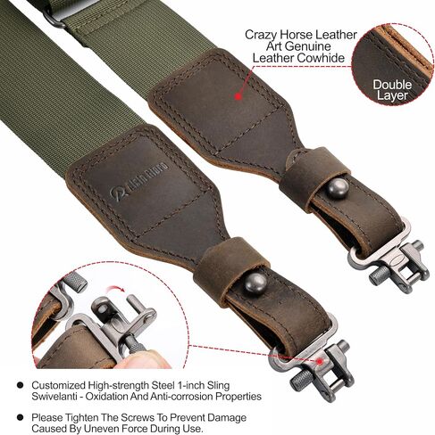 Aisin Gioro Rifles Slings, 2" Wide Weave Cotton Gun Slings with Double Layer Crazy Horse Leather Ends and for Rifles and Shotguns, Equip Gun Sling Swivels(Army green-01) in Saudi Arabia