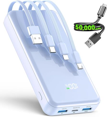 YILANS Portable Charger 50000mAh, 22.5W Power Bank with Built-in 4 Cables | Charges 6 Devices, Fast Charging Travel Essential, External Battery Phone Pack for iPhone 17-12, for Samsung/Android/iPad in Kuwait