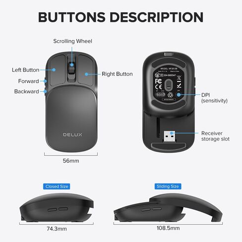 DELUX Wireless Bluetooth Pocket Mouse, 2-in-1 Sliding Mouse, Foldable and Slim Mouse, Quiet Clicks, Dual Mode 2.4Ghz&BT5.2, Up to 4000DPI, Rechargeable Battery, for Windows/MacOS/Android (MF20-Black) in Saudi Arabia