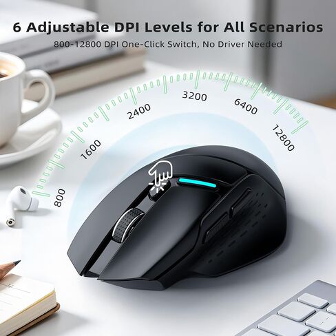 Uineer Wireless Mouse, Tri-Mode Bluetooth Mouse, USB-A Wired and 2.4G, | Switch among Bluetooth 5.0, 2.4G wireless and USB-A wired modes; 6 Adjustable DPI up to 12800 DPI,for Gaming and Office in Saudi Arabia