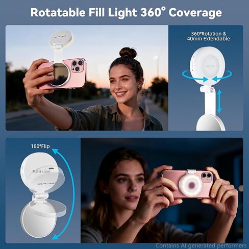 Portable Magnetic Led Selfie Light, Rechargeable Portable Ring Light for Phone, Selfie Ring Light with Mirror for Phone Folding Video Makeup Live Vlog Fill Light White in Kuwait
