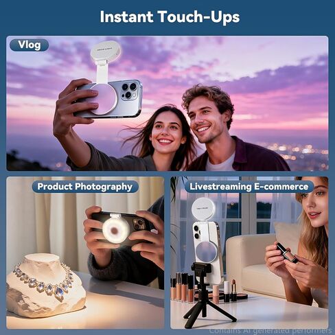 Portable Magnetic Led Selfie Light, Rechargeable Portable Ring Light for Phone, Selfie Ring Light with Mirror for Phone Folding Video Makeup Live Vlog Fill Light White in Kuwait