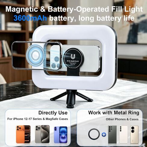 Rechargeable & Dimmable Selfie Light with Magnetic Stand, Mini Tripod | Built-in 3600mAh Battery, 3 Color Modes & 10 Dimming for Selfies, Live Streaming, Video Calls, and Vlogging in Kuwait