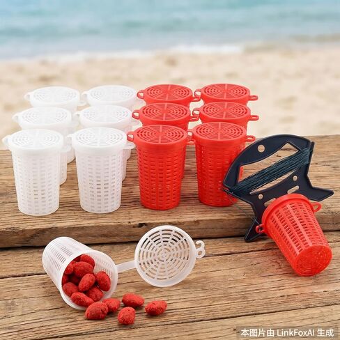 QAZXCDEW-12Pack Fishing Bait Cage Trap, Portable Live Bait Bucket Comes with a Dedicated Pull Cord and Cable Winder for Crab Crawfish Minnow Catfish, Fishing Tackle Gear（6 red and 6 White） in Saudi Arabia
