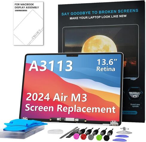 Screen Replacement 13.6 inch for MacBook Air M3 2024 A3113 Full LCD-Gray | Model: EMC 8611, Full LCD, Display Assembly, 2560x1664，Fix Kit, Installation Guide in Kuwait
