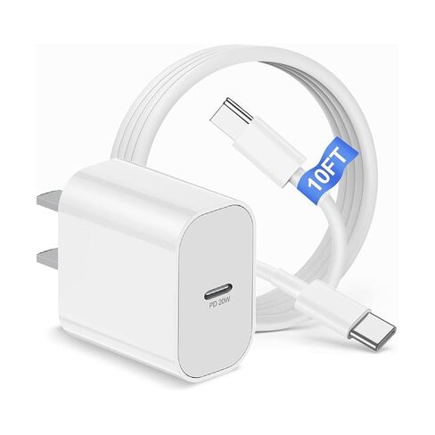 كتلة شاحن iPhone 17 16 15 وسلك كابل من النوع C إلى C بطول 10 أقدام، قابس شحن سريع USB C بقدرة 20 وات لهاتف Apple iPhone 17 Pro Max/17 Air/16 Pro Max/16 Plus/15 Pro/15/AirPods/iPad/Mini Wall Cube Brick Box in Kuwait