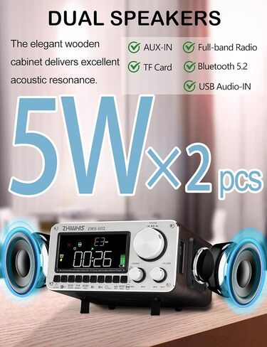 ZHIWHIS Shortwave Radio, Multi-Band Wooden Box, Extra Signal Repeater | Bluetooth 5.2, Dual Speakers, APP Control, FM/AM/SW/WB/AIR/V-UHF, TF Card Player, Bass Control, Sleep Timer ZWS-802 in Saudi Arabia