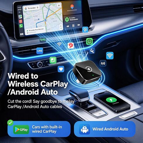 Wireless CarPlay Adapter,Supports iPhone & Android Phones | Fast Auto-Connect, Stable Connection, Mini Size Plug，Apple iPhone & Android, 2-in-1 Adapter, Convert Wired to Wireless Dongle in Kuwait