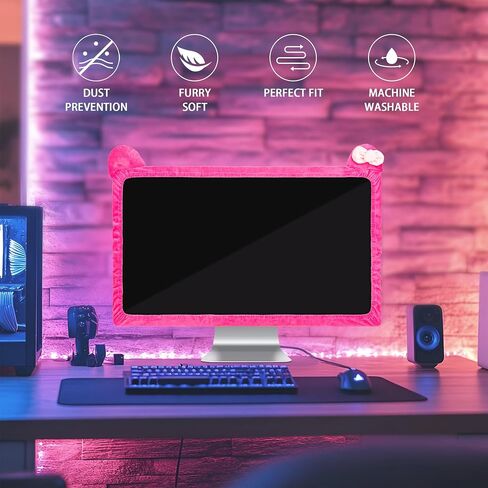 27"-34" Lovely Cute Computer Monitor Cover with Cat Ear Design, Kawaii Display Dust Cover with Furry Design, Elastic Dustproof, Suitable for PC, Tablet, TV, LCD (Rose Red) in Saudi Arabia