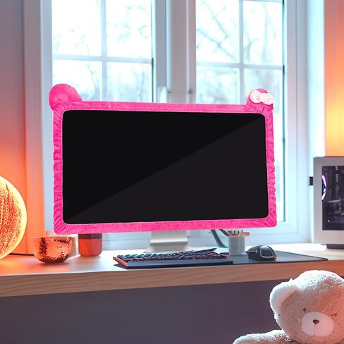 27"-34" Lovely Cute Computer Monitor Cover with Cat Ear Design, Kawaii Display Dust Cover with Furry Design, Elastic Dustproof, Suitable for PC, Tablet, TV, LCD (Rose Red) in Saudi Arabia