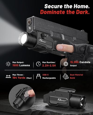 مصباح مسدس EZshoot 1,500 Lumen، مصباح أسلحة قابل لإعادة الشحن لجهاز Glock/1913 | ضوء البندقية، ضوء المسدس، 15500 شمعة، وضع ستروب، يناسب قضبان غلوك وبيكاتيني، شعاع أبيض ساطع، شحن USB سريع in Kuwait