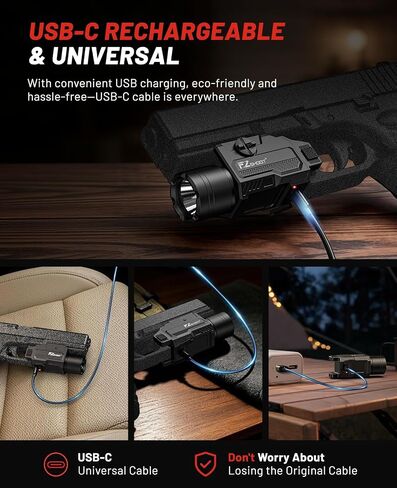 مصباح مسدس EZshoot 1,500 Lumen، مصباح أسلحة قابل لإعادة الشحن لجهاز Glock/1913 | ضوء البندقية، ضوء المسدس، 15500 شمعة، وضع ستروب، يناسب قضبان غلوك وبيكاتيني، شعاع أبيض ساطع، شحن USB سريع in Kuwait