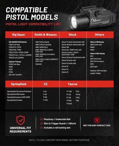 مصباح مسدس EZshoot 1,500 Lumen، مصباح أسلحة قابل لإعادة الشحن لجهاز Glock/1913 | ضوء البندقية، ضوء المسدس، 15500 شمعة، وضع ستروب، يناسب قضبان غلوك وبيكاتيني، شعاع أبيض ساطع، شحن USB سريع in Kuwait