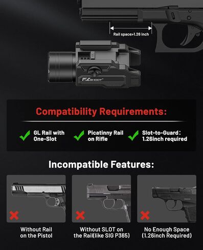 مصباح مسدس EZshoot 1,500 Lumen، مصباح أسلحة قابل لإعادة الشحن لجهاز Glock/1913 | ضوء البندقية، ضوء المسدس، 15500 شمعة، وضع ستروب، يناسب قضبان غلوك وبيكاتيني، شعاع أبيض ساطع، شحن USB سريع in Kuwait