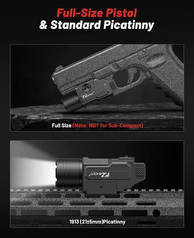 مصباح مسدس EZshoot 1,500 Lumen، مصباح أسلحة قابل لإعادة الشحن لجهاز Glock/1913 | ضوء البندقية، ضوء المسدس، 15500 شمعة، وضع ستروب، يناسب قضبان غلوك وبيكاتيني، شعاع أبيض ساطع، شحن USB سريع in Kuwait