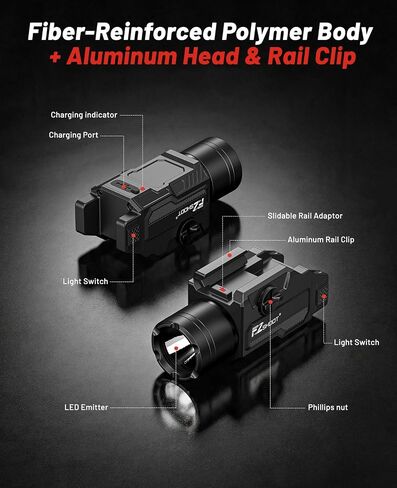 مصباح مسدس EZshoot 1,500 Lumen، مصباح أسلحة قابل لإعادة الشحن لجهاز Glock/1913 | ضوء البندقية، ضوء المسدس، 15500 شمعة، وضع ستروب، يناسب قضبان غلوك وبيكاتيني، شعاع أبيض ساطع، شحن USB سريع in Kuwait